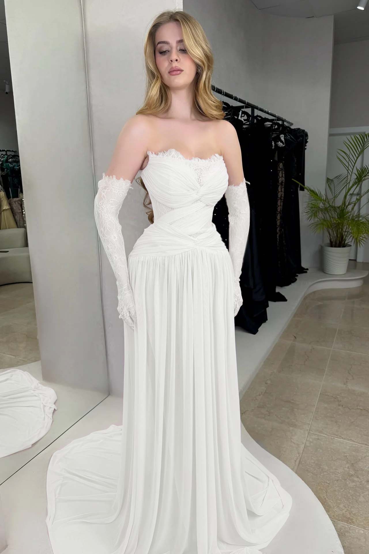 Column Strapless Fitted Prom Dress in Chiffon Pleated with Lace