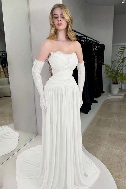 Column Strapless Fitted Prom Dress in Chiffon Pleated with Lace
