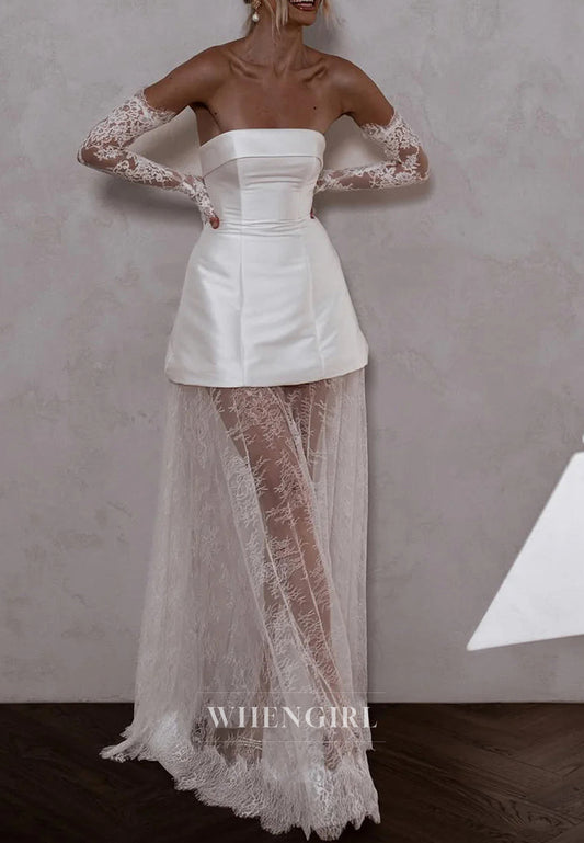 Sheath Tube Top Strapless Detachable Long Sleeves Lace Hem Floor Length Wedding Dress