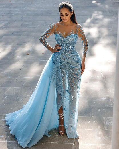 Stunning Sky Blue Long Sleeves Evening Dress Split Long With Ruffles Beads