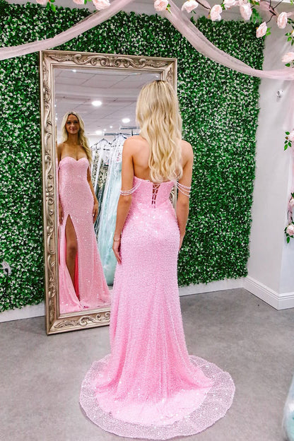 Gorgeous Mermaid Sweetheart Pink Sequins Prom Dress with Beading