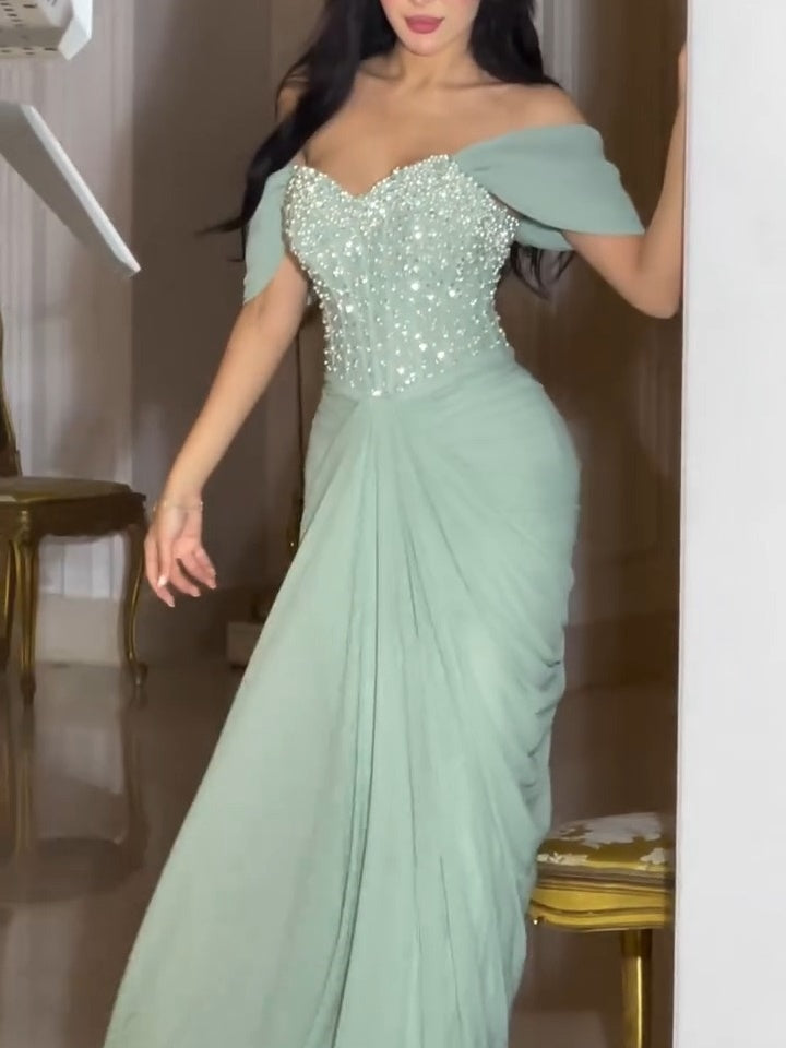 Classic Sequin-Embellished Chiffon Sheath Strapless Evening Gown