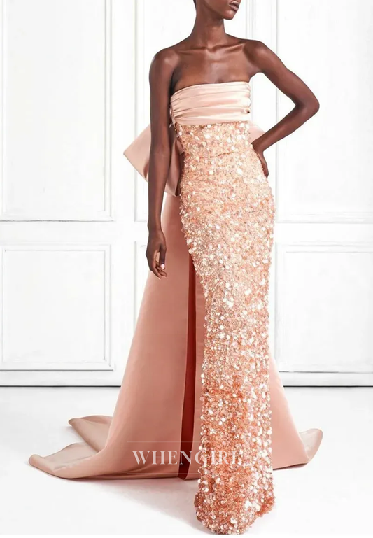 Pink Tube Top Sleeveless Bowknot Sequins Beading Sheath Long Formal Evening Dress
