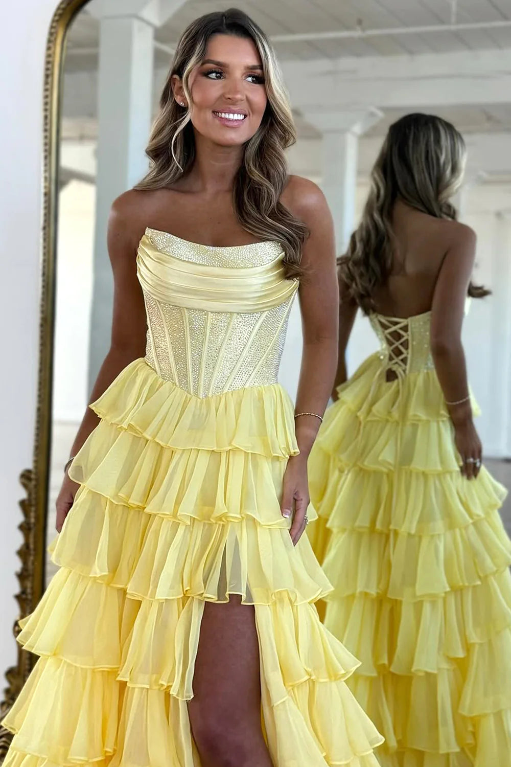 Gorgeous A Line Strapless Daffodial Tiered Chiffon Prom Evening Dresses with Hot Stone