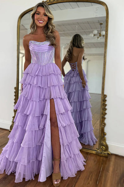 Gorgeous A Line Strapless Daffodial Tiered Chiffon Prom Evening Dresses with Hot Stone