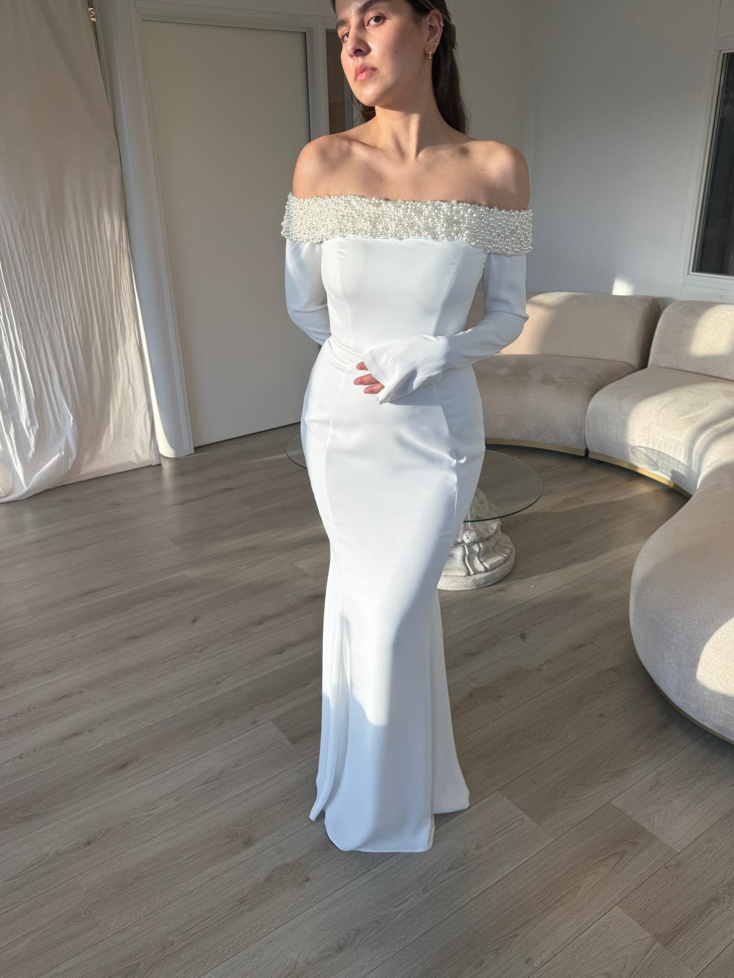 Sheath Beaded Off Shoulder Long Sleeves Floor Length Wedding Dress