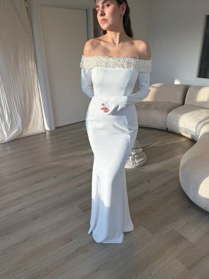 Sheath Beaded Off Shoulder Long Sleeves Floor Length Wedding Dress