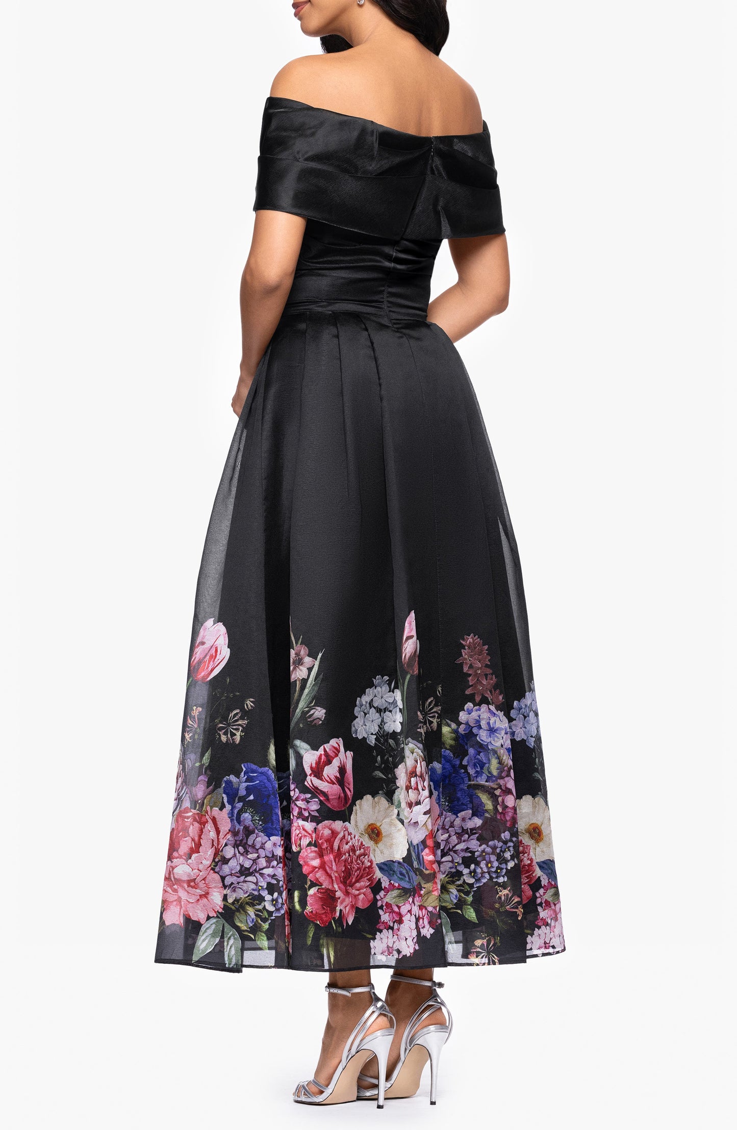 Black Floral Off the Shoulder Ankle Length Mother of the Bride Gown