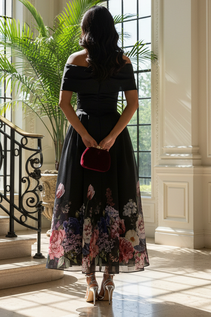 Black Floral Off the Shoulder Ankle Length Mother of the Bride Gown