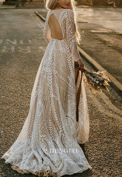 A-Line Boho Bateau Neck Long Sleeves Lace Cut Out Back Wedding Dress with Sweep Train