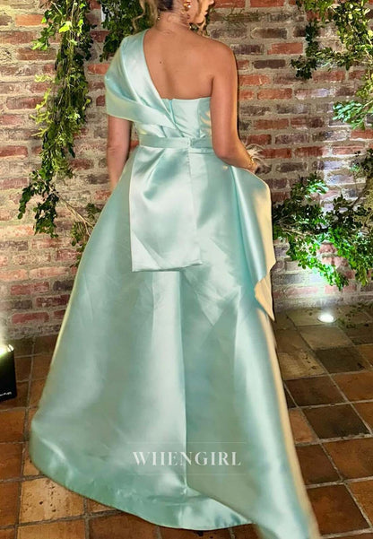 Sage One Shoulder Sleeveless Satin A-Line Floor Length Formal Dress Evening Gown