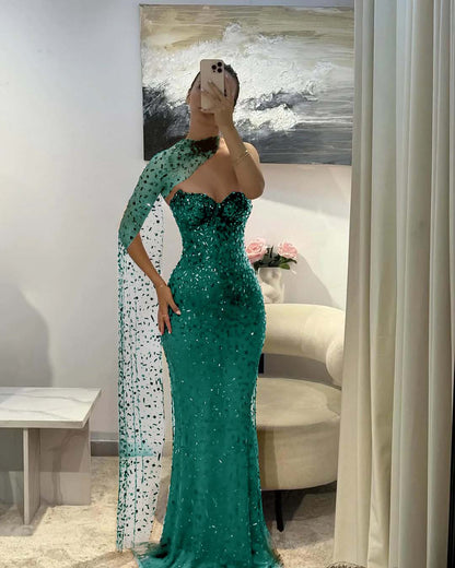 Beaded Straight Across Mermaid Red Glamorous Prom Dress With Scarf