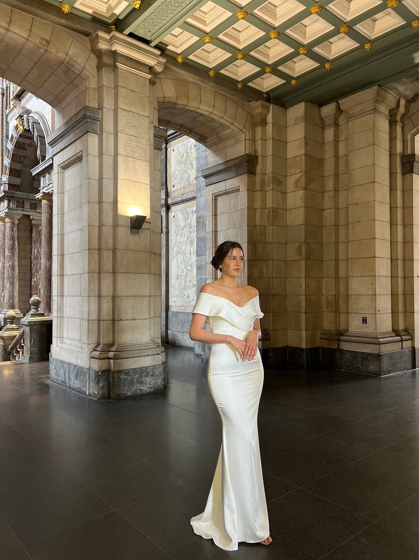 Mermaid Off Shoulder Simple Wedding Dress with Detachable Train