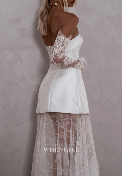 Sheath Tube Top Strapless Detachable Long Sleeves Lace Hem Floor Length Wedding Dress