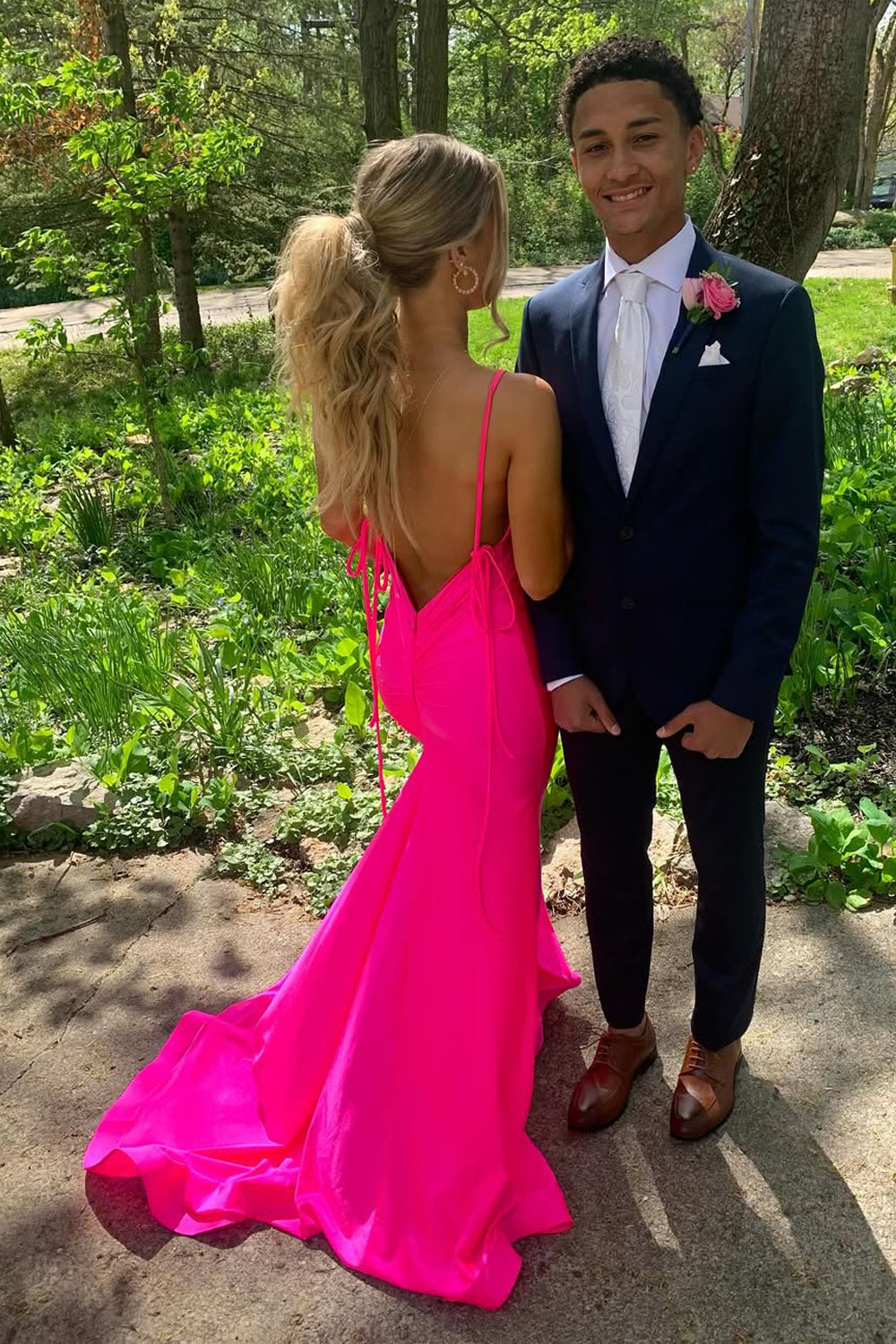 Gorgeous Mermaid V Neck Pink Satin Prom Dress with Slit