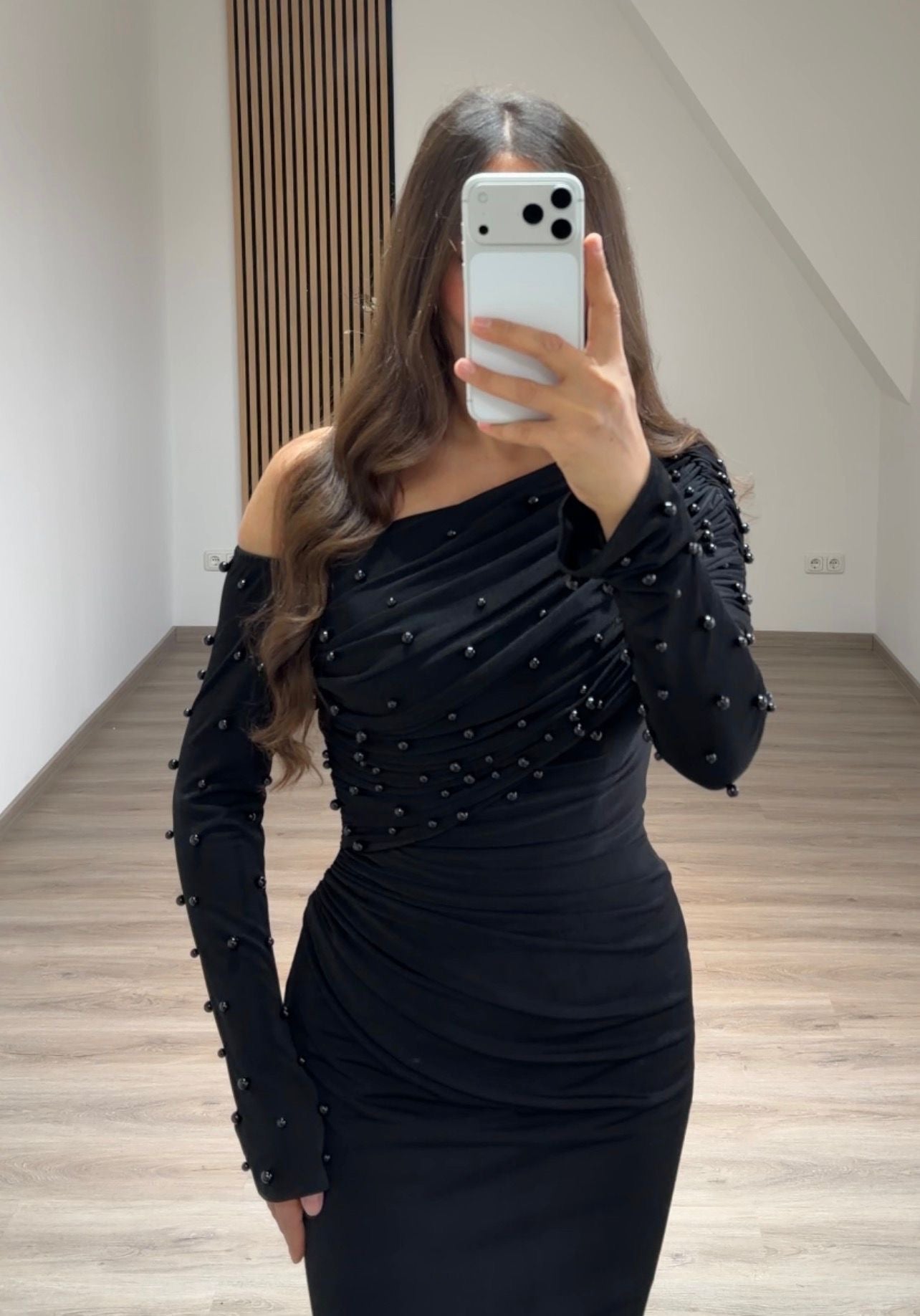 Black One Shoulder Long Sleeves Beaded Sheath Evening Formal Gown