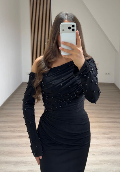 Black One Shoulder Long Sleeves Beaded Sheath Evening Formal Gown