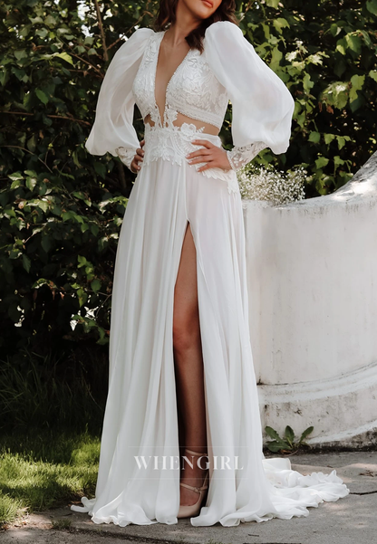 A-Line V Neck Appliqued Lace Long Sleeves Cut Out Side Slit Sweep Train Boho Beach Wedding Dress