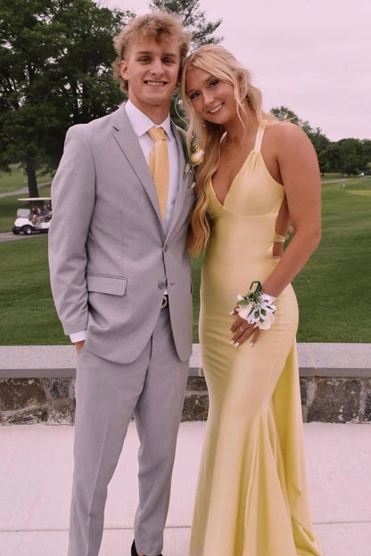 Mermaid V Neck Yellow Satin Prom Dress with Cross Back