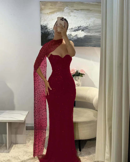 Beaded Straight Across Mermaid Red Glamorous Prom Dress With Scarf