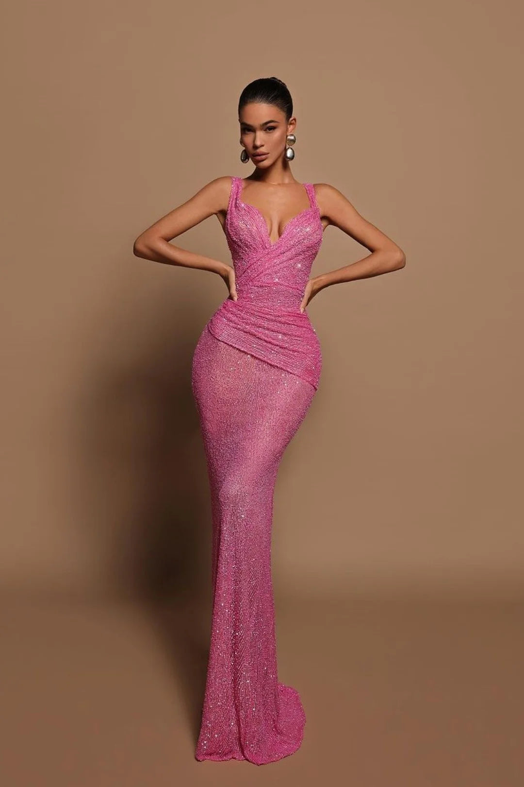 Sexy Pink Long Sequins Prom Dress V Neck Mermaid Sleeveless