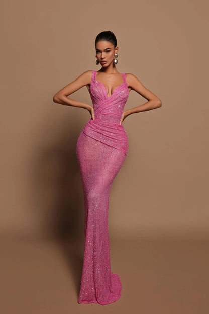 Sexy Pink Long Sequins Prom Dress V Neck Mermaid Sleeveless
