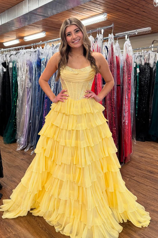 Cute A Line Scoop Neck Yellow Tiered Chiffon Prom Dress with Hot Stone Beading