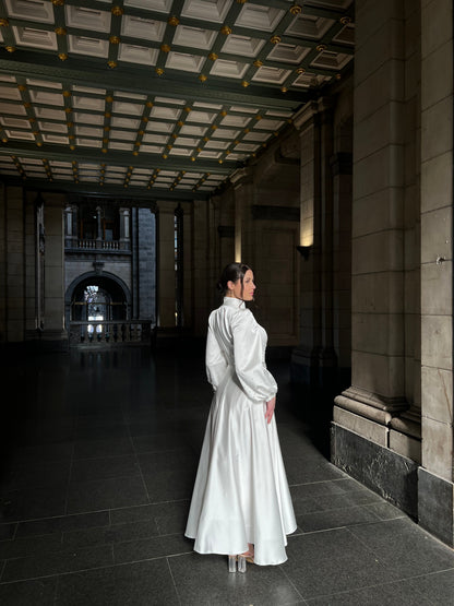 Satin High Neck Long Sleeves Pleated A-Line Simple Wedding Dress