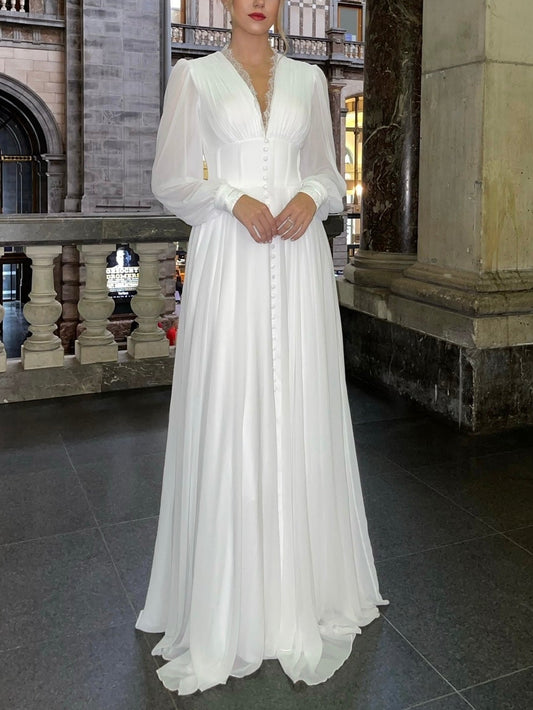 A-Line V Neck Long Sleeves Floor Length Chiffon Wedding Dress