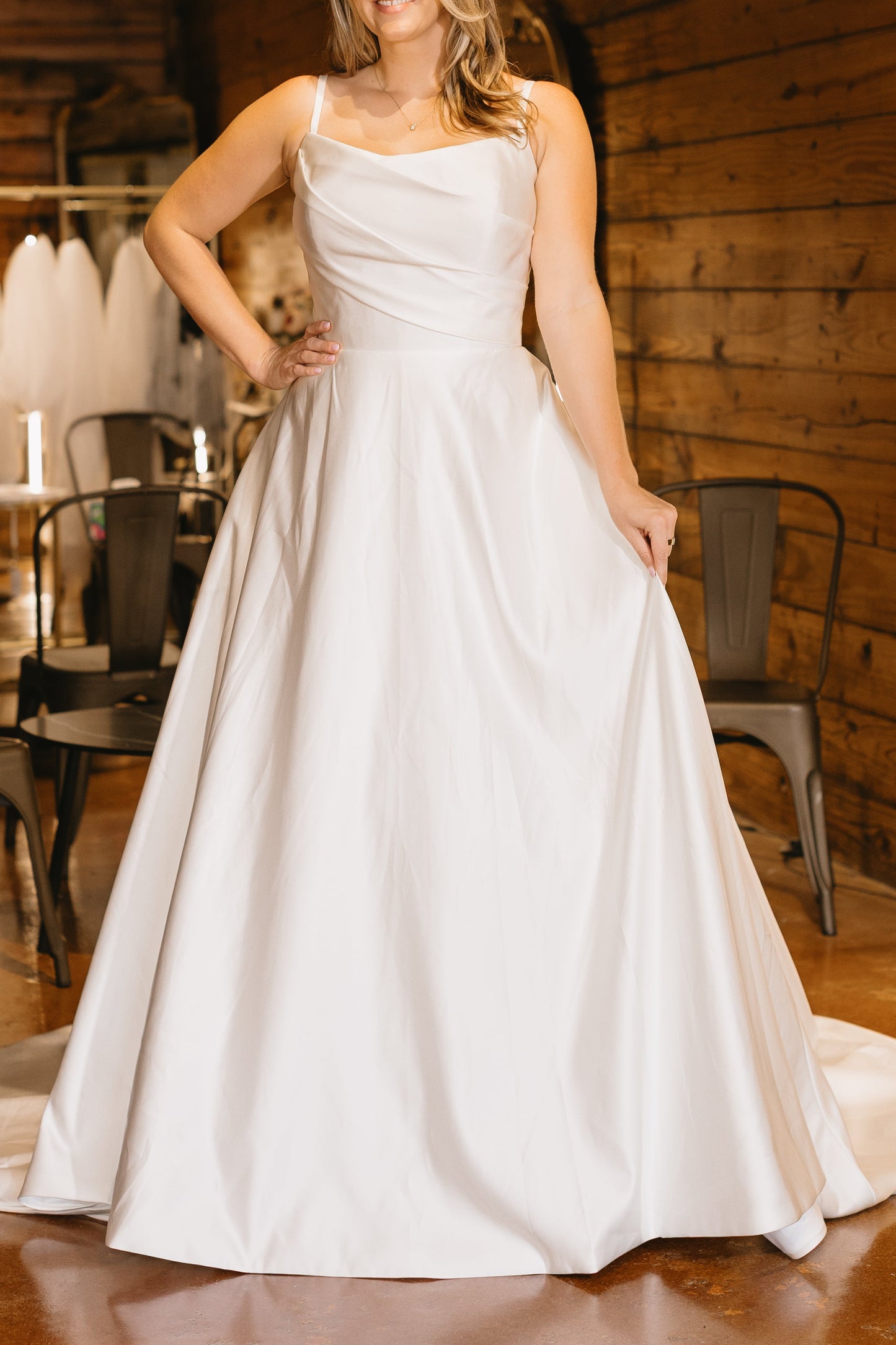 A-Line Spaghetti Straps Ruched Satin Simple Wedding Dress