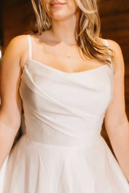 A-Line Spaghetti Straps Ruched Satin Simple Wedding Dress