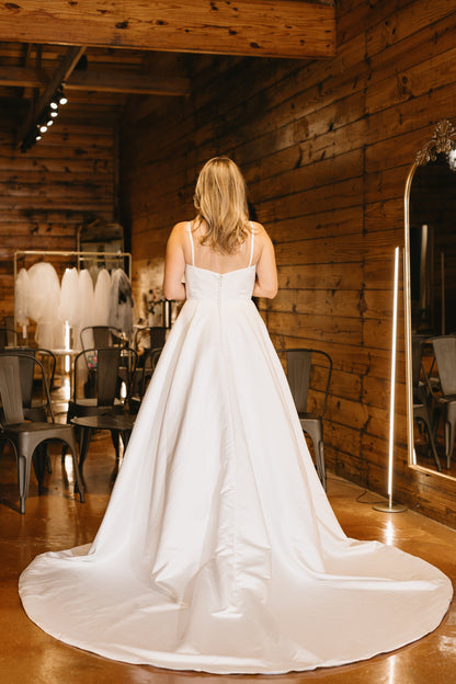 A-Line Spaghetti Straps Ruched Satin Simple Wedding Dress