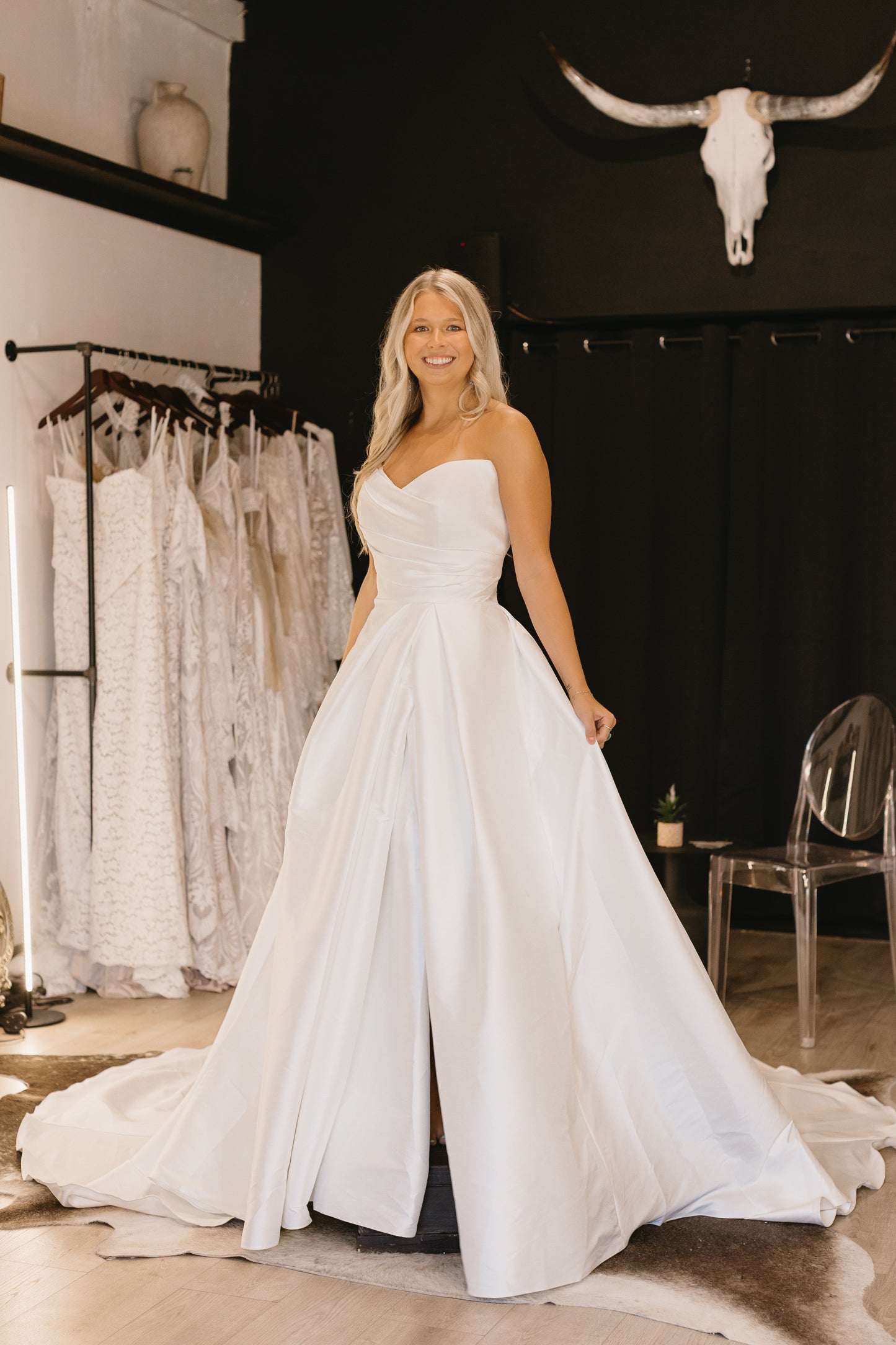 A-Line Sweetheart Sleeveless Ruched Side Slit Satin Wedding Dress