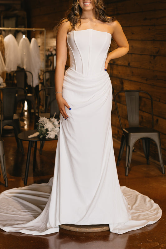 Sheath Ruched Strapless Court Train Simple Wedding Dress