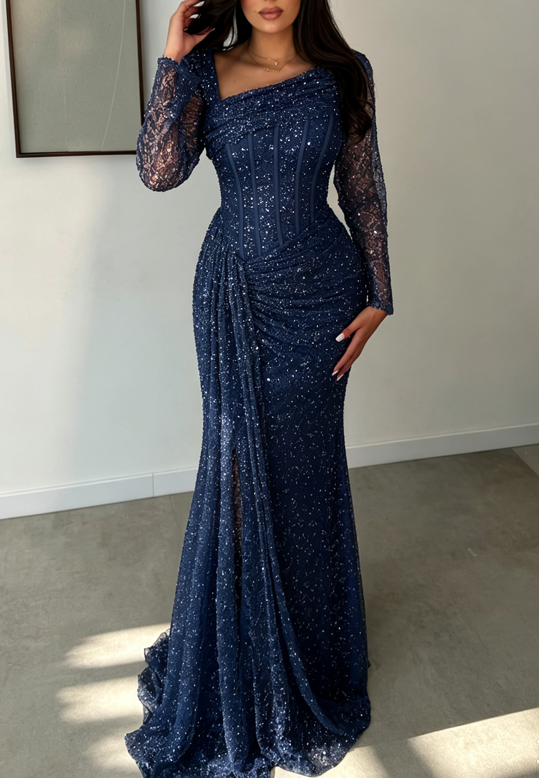 Asymmetrical Corset Beaded Long Sleeve Evening Gown with Slit