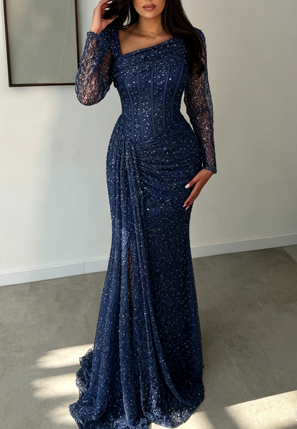 Asymmetrical Corset Beaded Long Sleeve Evening Gown with Slit