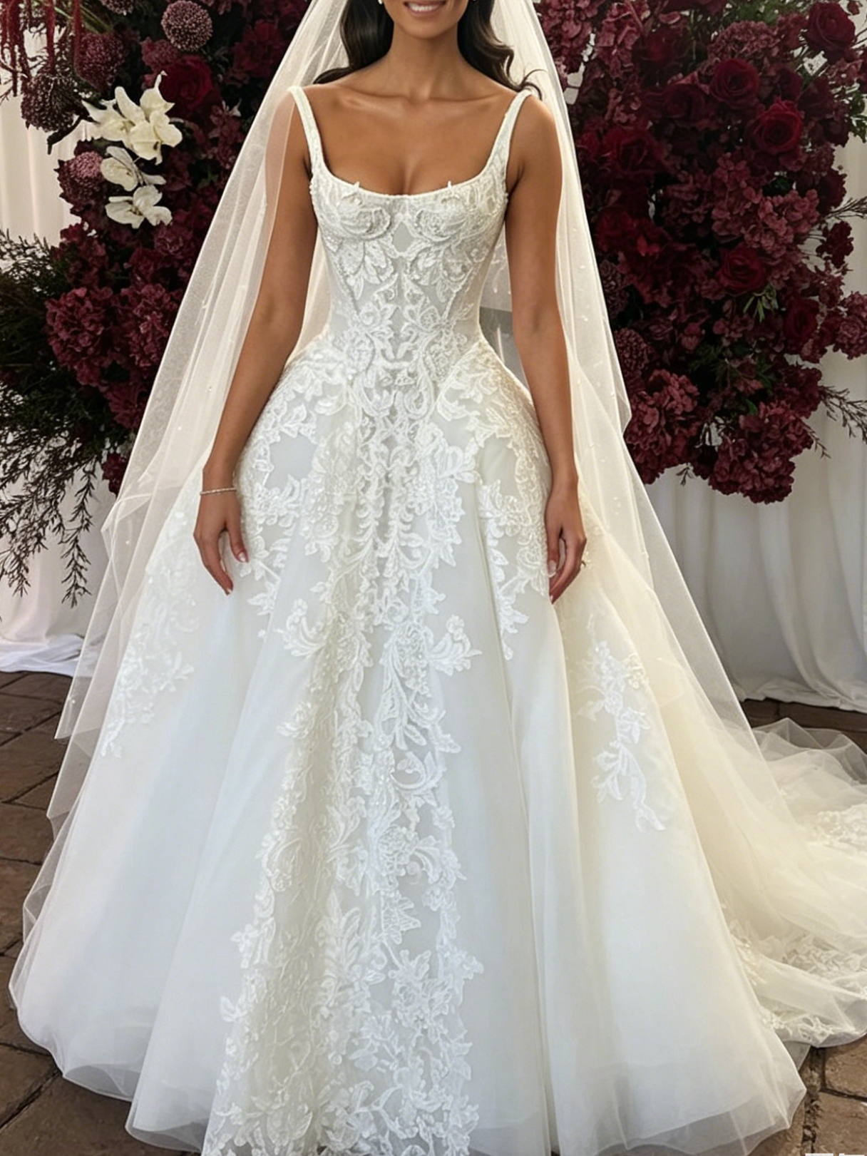 Sccop Neck Sleeveless Beaded Lace Ball Gown Wedding Dress