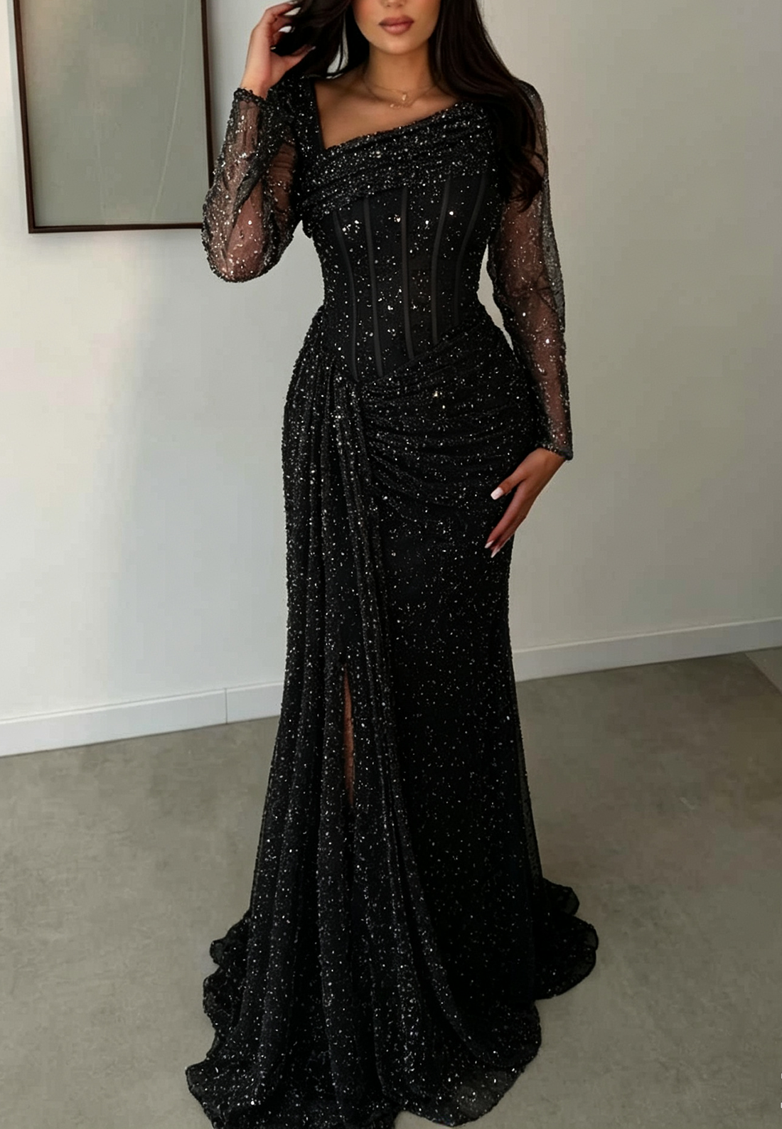 Asymmetrical Corset Beaded Long Sleeve Evening Gown with Slit