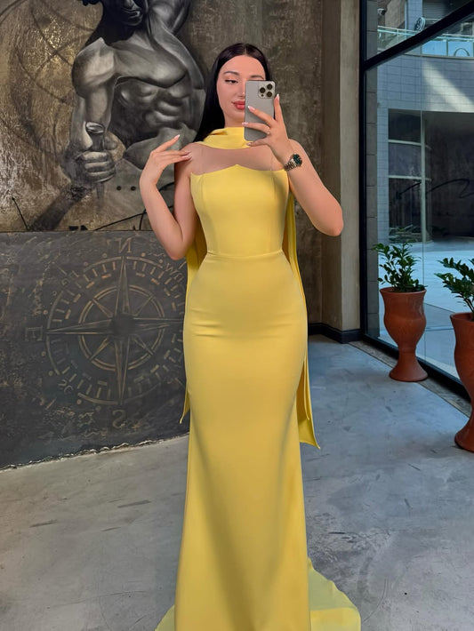 Elegant Straight Across Yellow Sleeveless Mermaid Prom Dress With Scarf