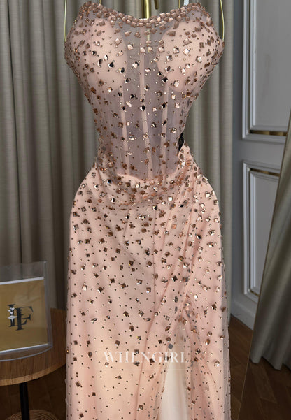 Sheath Full Beaded Strapless Sleeveless Pleated Side Slit Formal Prom Dress