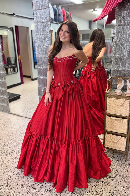 Sweet A Line Scoop Neck Dark Red Satin Prom Dress with Bow