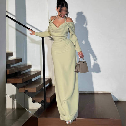 Sage Elegant Off-Shoulder Long Sleeve Slim-Fit Gown