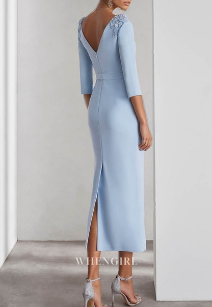 Sky Blue Bateau Neck 3/4 Sleeves Flower Back Zipper Sheath Mother of the Bride Dress
