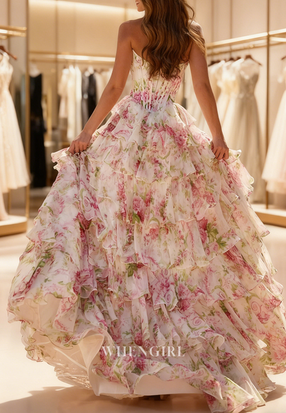 A-Line Floral Sweetheart Sleeveless Multi Tiered Side Slit Floor Length Prom Dress