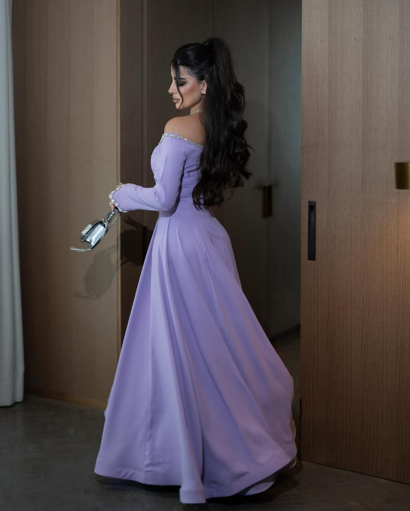 Purple Elegant Neckline Diamond-Encrusted Long Sleeve Evening Dress