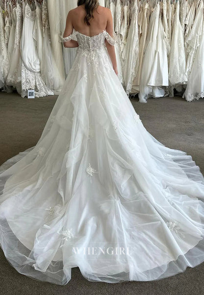 A-Line Off Shoulder Appliqued Court Train Sleeveless Wedding Dress