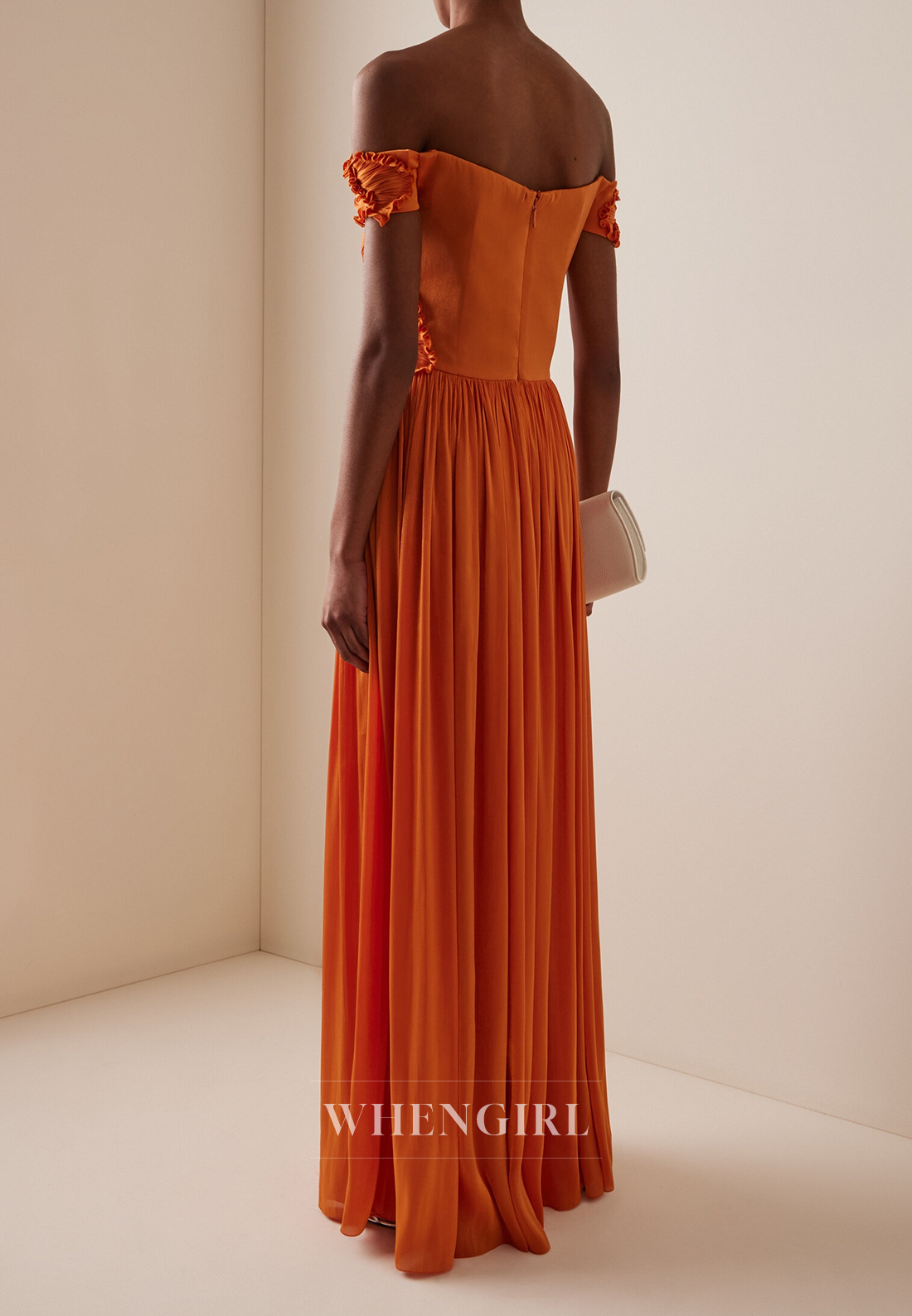 Orange Pleated Floral Side Slit Off Shoulder Column Evening Formal Dress