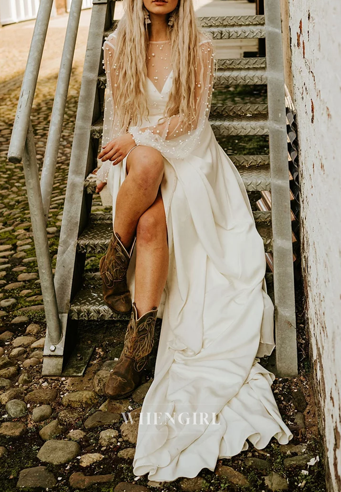 A-Line Illusion Neck Long Beaded Sleeves Pearls Sweep Train Beach Wedding Dress