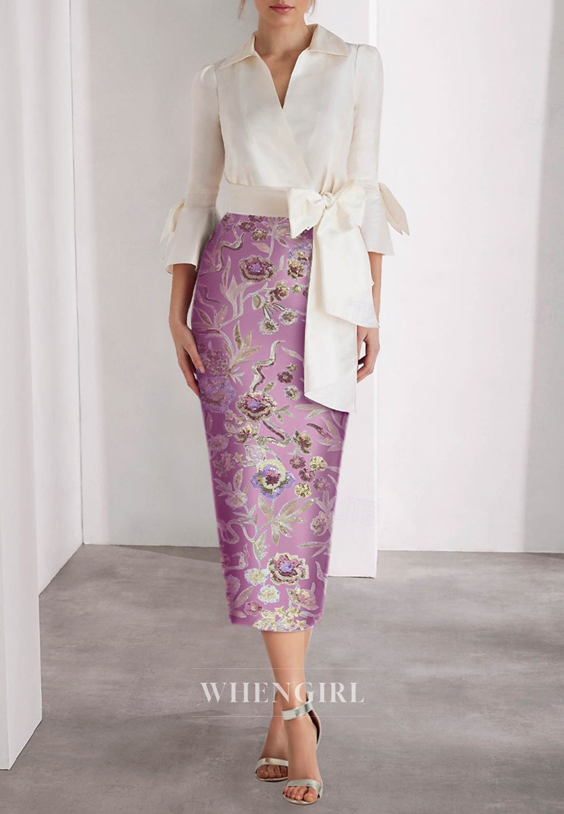 Sheath 3/4 Sleeves Bowknot V Neck Tea Length Mother of the Bride Dress