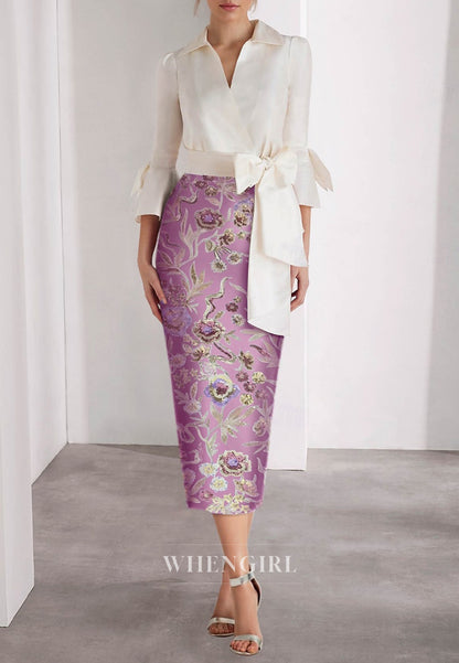 Sheath 3/4 Sleeves Bowknot V Neck Tea Length Mother of the Bride Dress